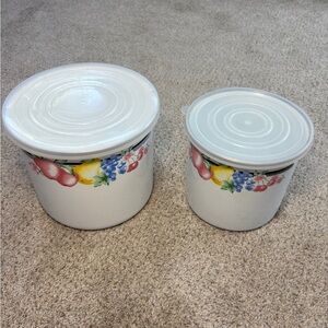 Vintage GMI Enamel Fruit and Floral White Storage Canisters with Lids Storage